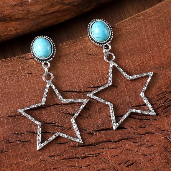 NEW Texas Hammered Silver Lone Star and Turquoise Stone Drop Earrings - Picture 3 of 5
